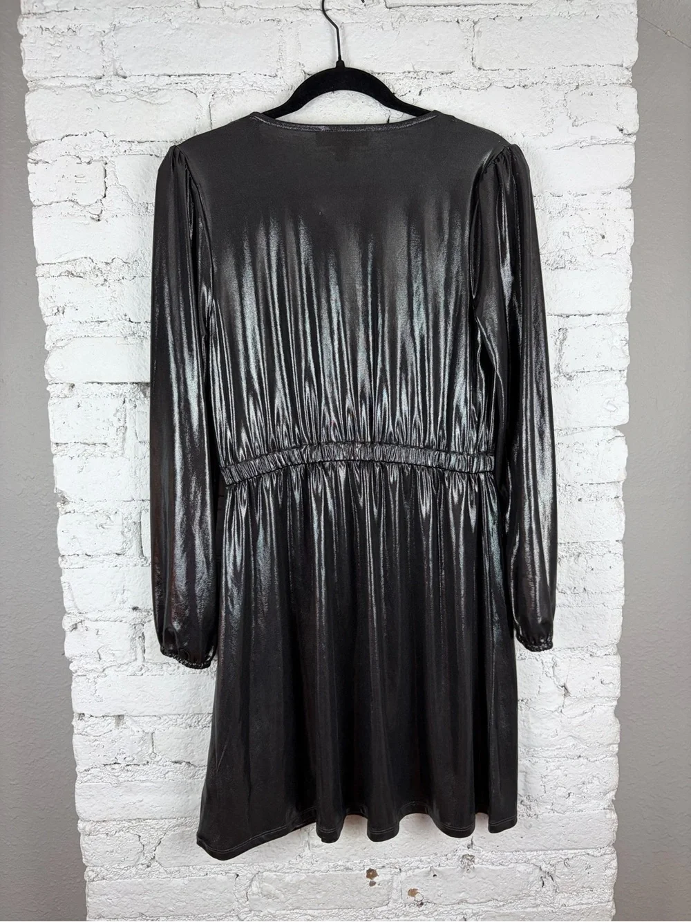 Michael Kors Pewter Grey Black Metallic Stretch Wrap Long Sleeve Dress Medium